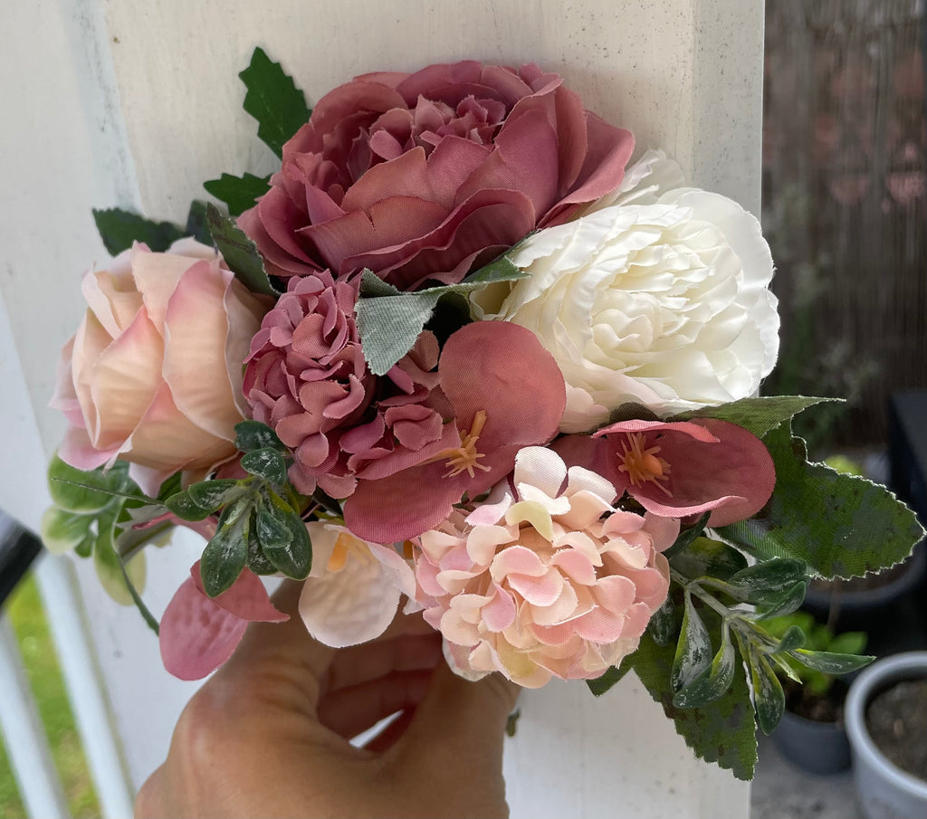 Blush Rose and white artificial pew end