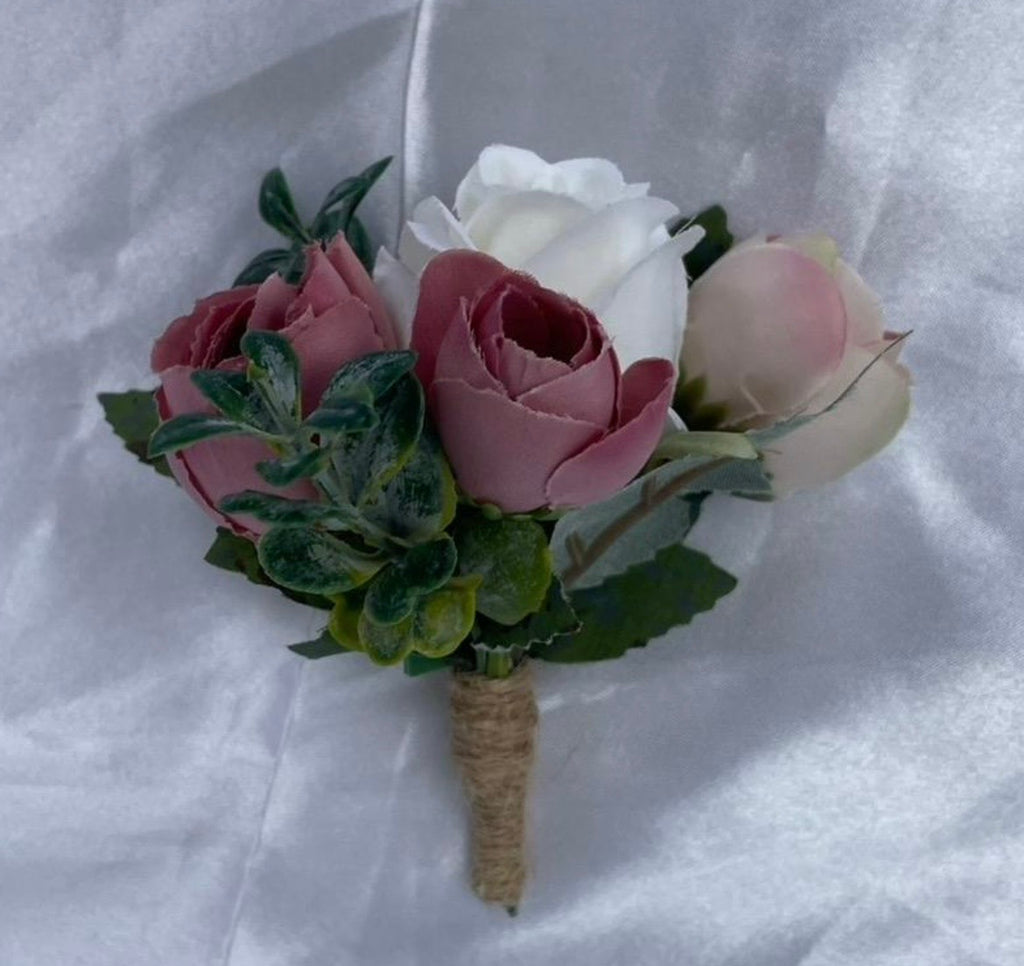 Dusky pink & white artificial wedding buttonhole