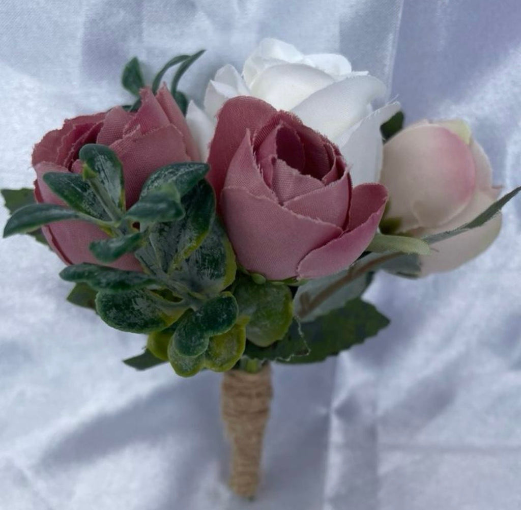 Dusky pink & white artificial wedding buttonhole