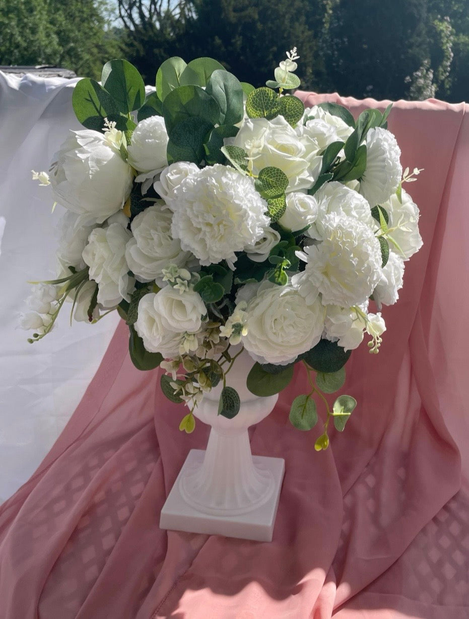 White rose peony artificial flower wedding decor arrangement in white urn style stand