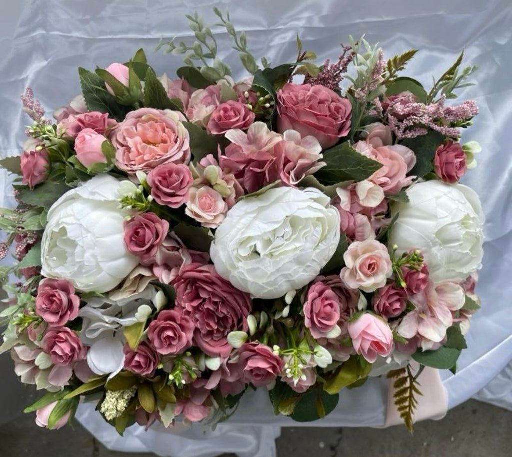 Blush Rose & White artificial flower wedding centrepiece with blush chiffon tails