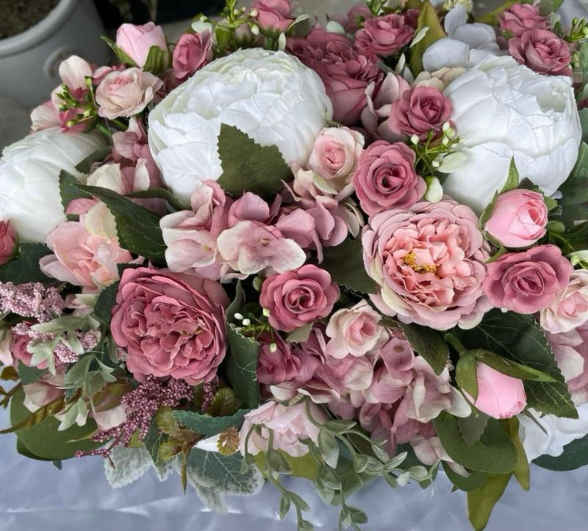 Blush Rose & White artificial flower wedding centrepiece with blush chiffon tails