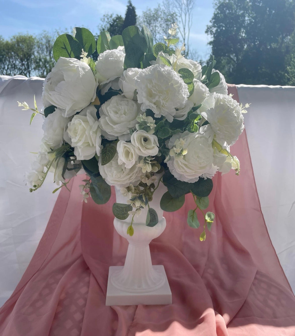 White rose peony artificial flower wedding decor arrangement in white urn style stand