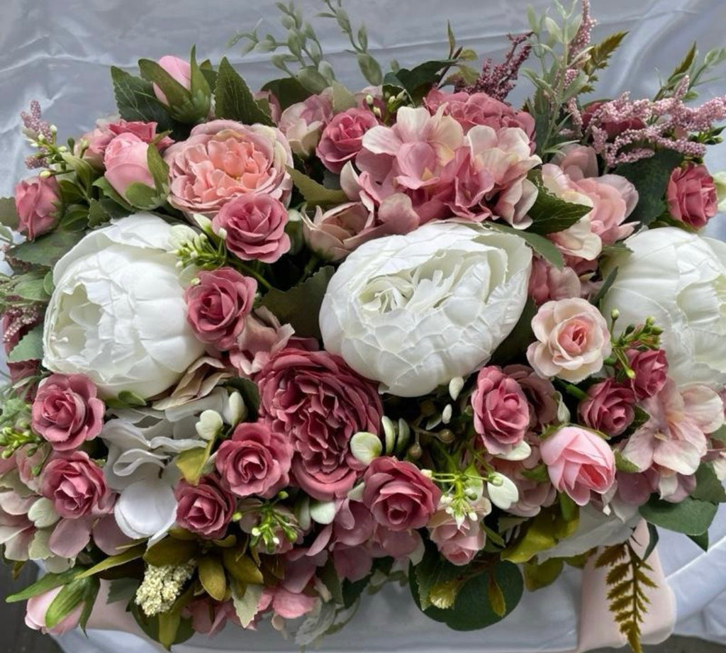 Blush Rose & White artificial flower wedding centrepiece with blush chiffon tails