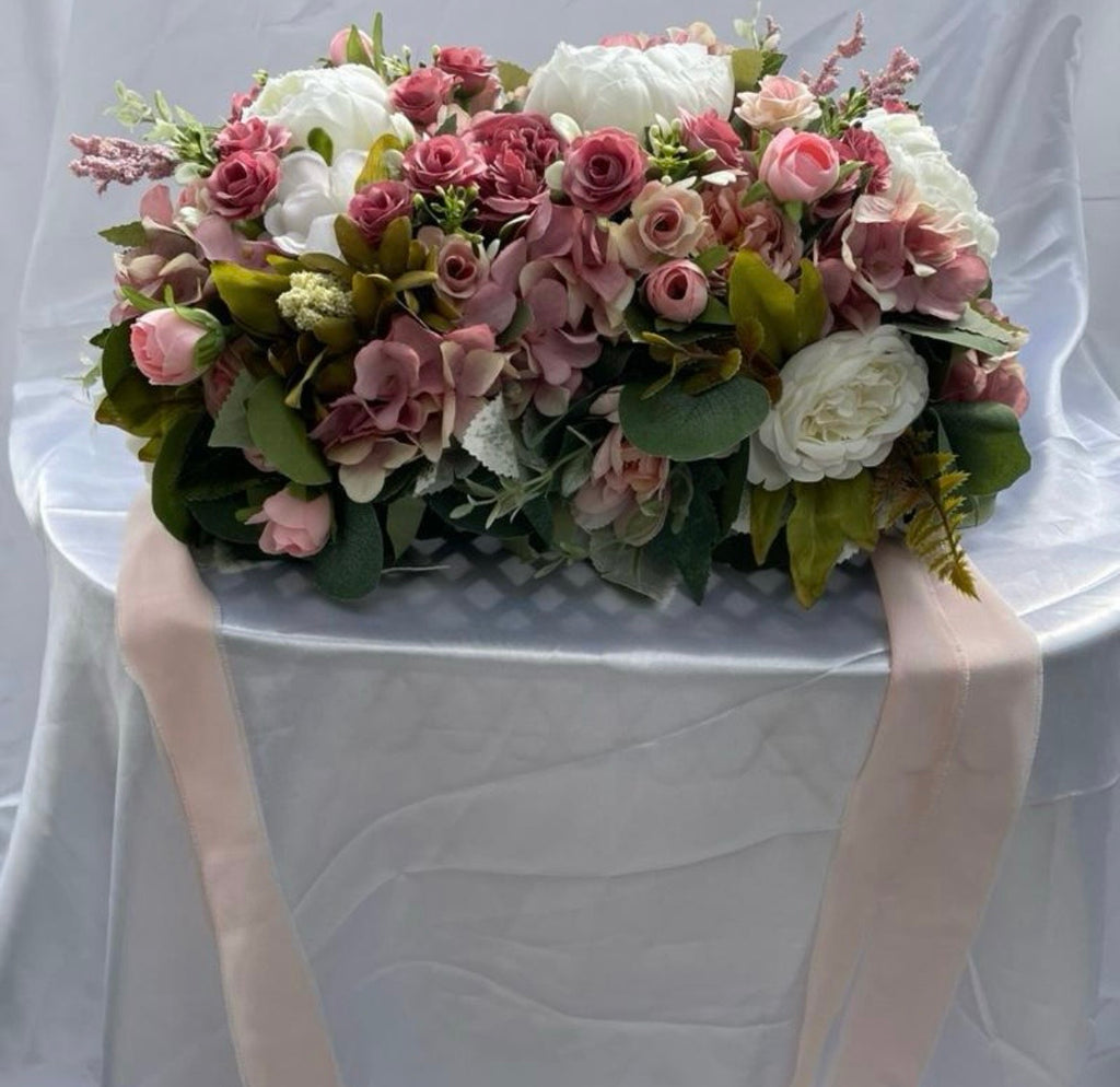 Blush Rose & White artificial flower wedding centrepiece with blush chiffon tails