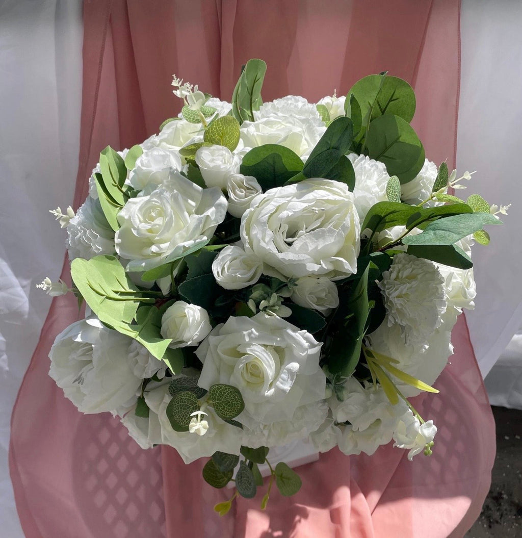 White rose peony artificial flower wedding decor arrangement in white urn style stand