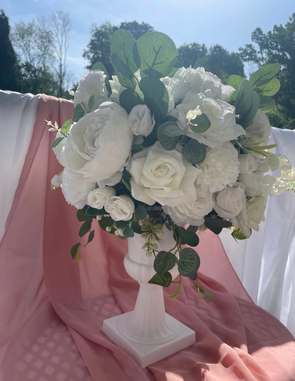 White rose peony artificial flower wedding decor arrangement in white urn style stand