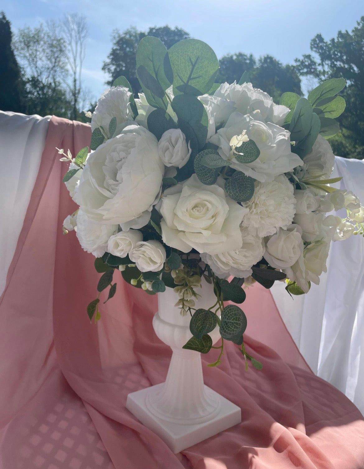 White rose peony artificial flower wedding decor arrangement in white urn style stand