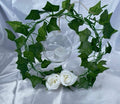 Metal Floral Centrepiece with Ivy white roses transparent hanging sphere and LED candle