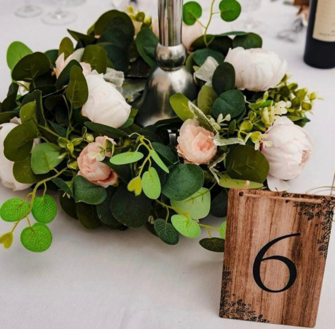 Circular wicker wreath with eucalyptus and peony flowers Artificial Wedding Centrepiece