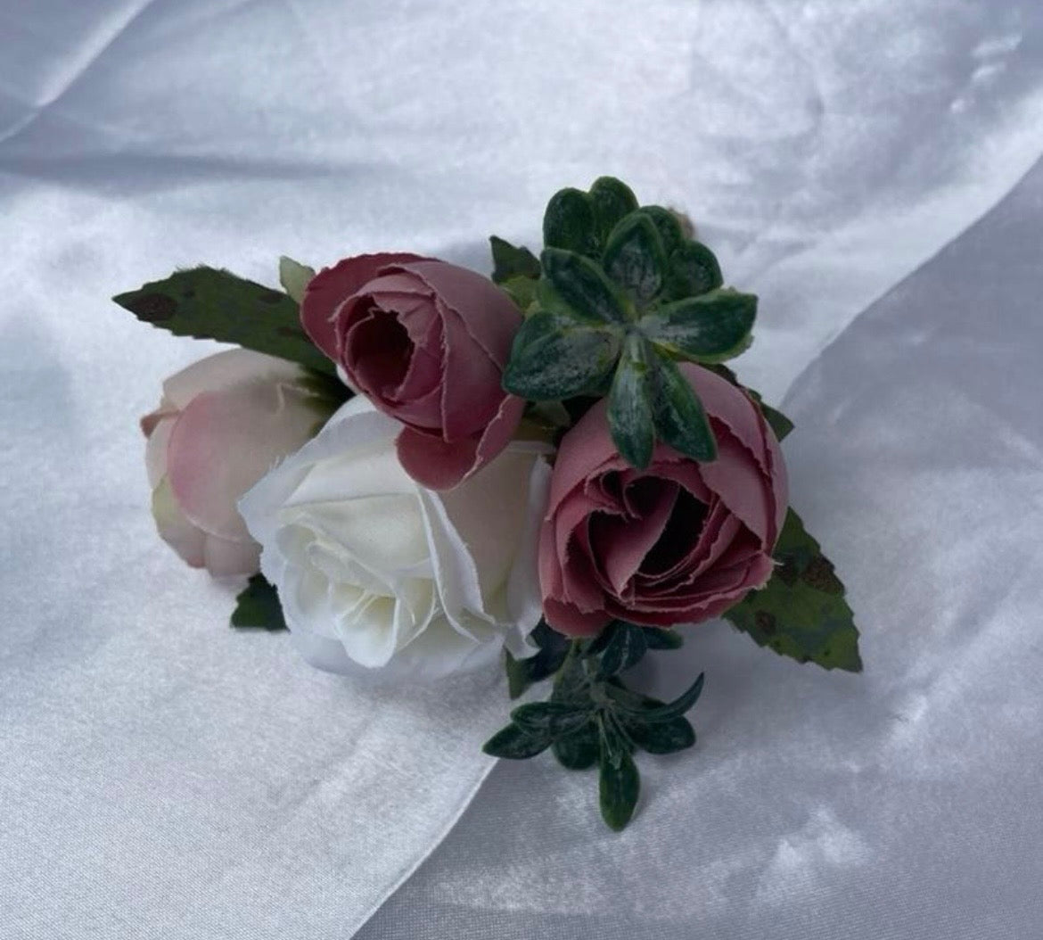 Dusky pink & white artificial wedding buttonhole