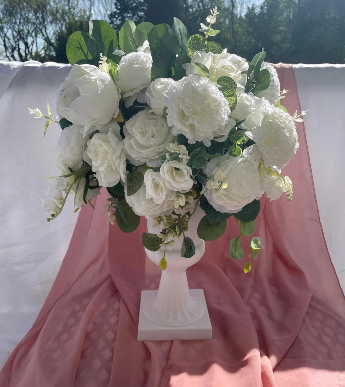 White rose peony artificial flower wedding decor arrangement in white urn style stand