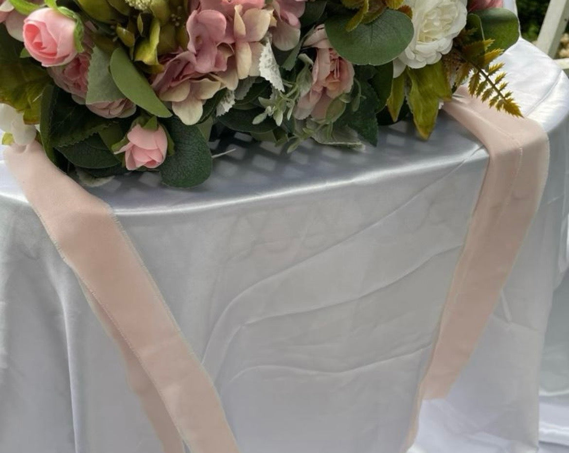 Blush Rose & White artificial flower wedding centrepiece with blush chiffon tails