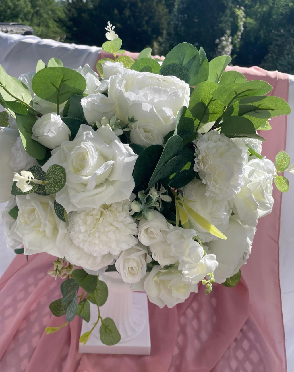 White rose peony artificial flower wedding decor arrangement in white urn style stand