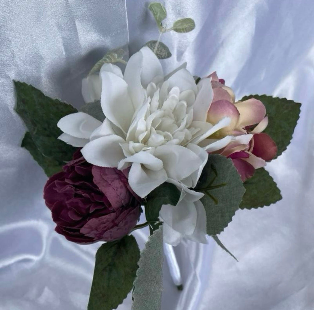 Purple & White Artificial Peony Dahlia and Hydrangea Pew End Posey