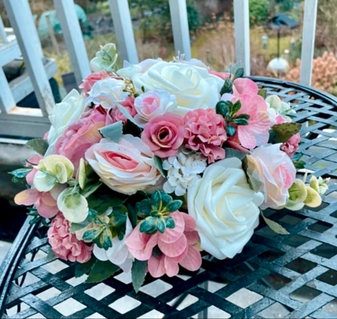 Pastel blush pink & white artificial wedding flowers / aisle floor displays / table display