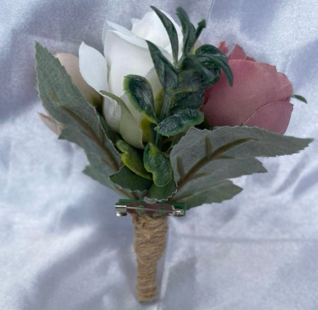 Dusky pink & white artificial wedding buttonhole
