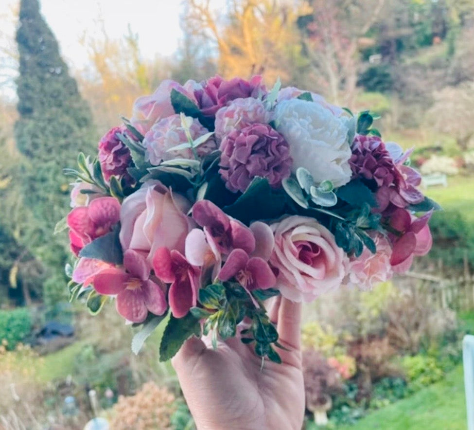Lilac / blush pink and white artificial wedding flowers / aisle floor displays / table display