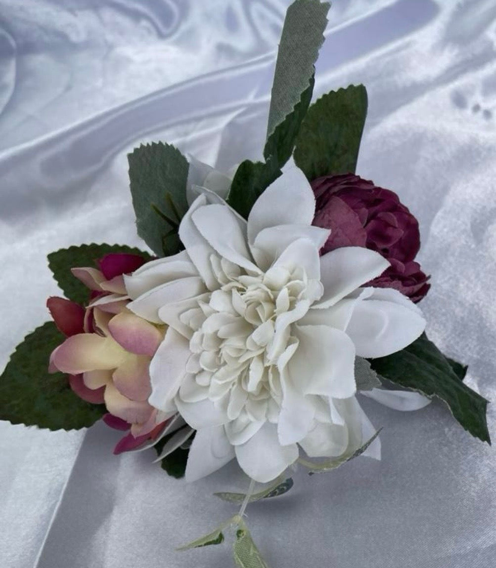 Purple & White Artificial Peony Dahlia and Hydrangea Pew End Posey