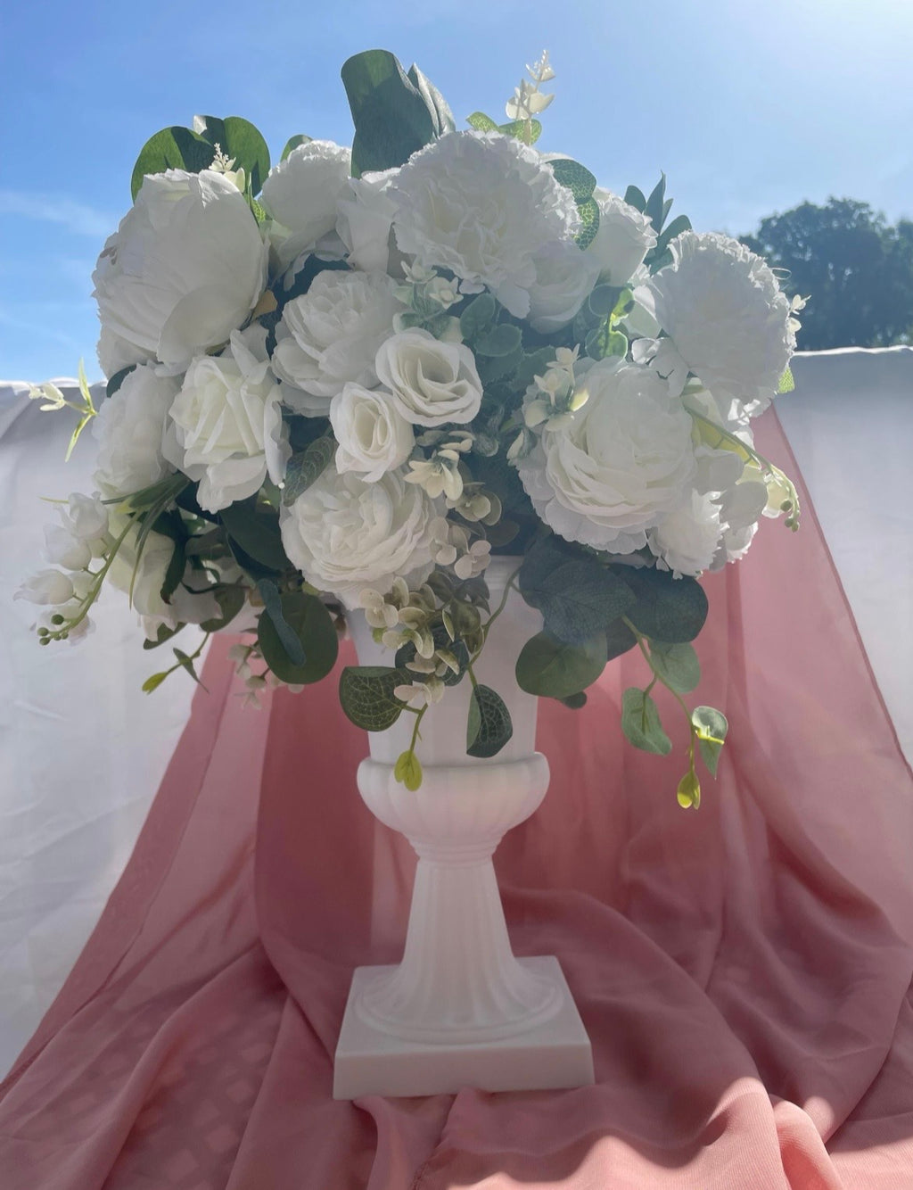 White rose peony artificial flower wedding decor arrangement in white urn style stand