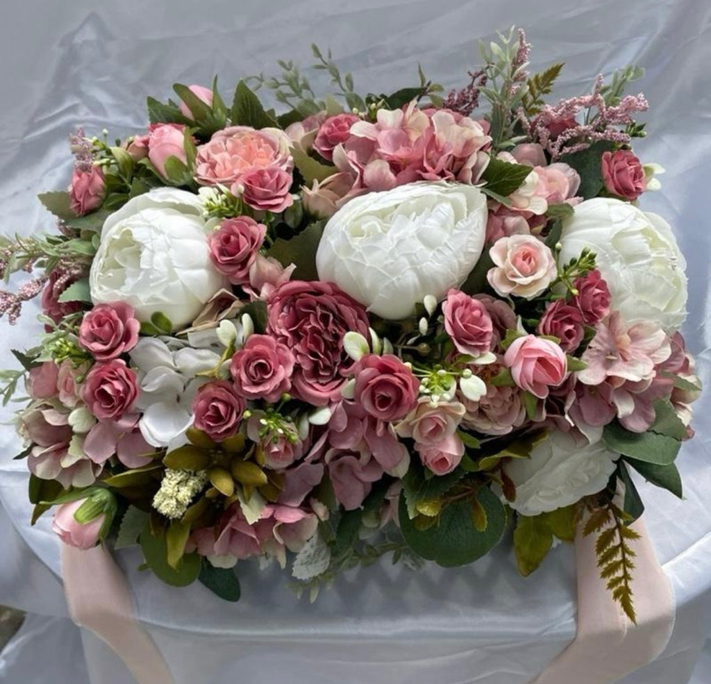 Blush Rose & White artificial flower wedding centrepiece with blush chiffon tails