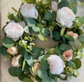 Circular wicker wreath with eucalyptus and peony flowers Artificial Wedding Centrepiece