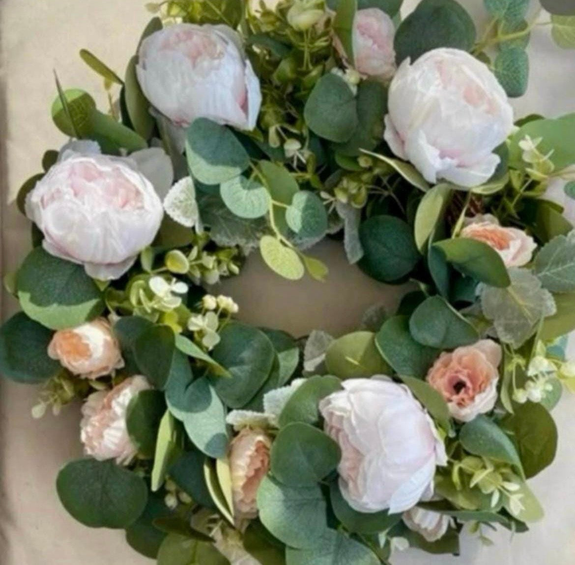 Circular wicker wreath with eucalyptus and peony flowers Artificial Wedding Centrepiece