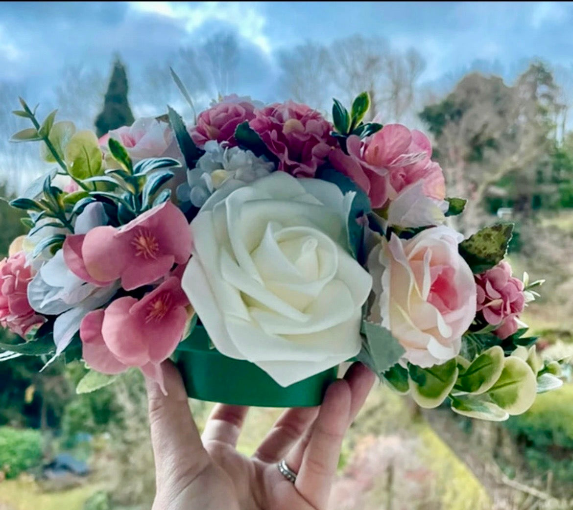 Pastel blush pink & white artificial wedding flowers / aisle floor displays / table display