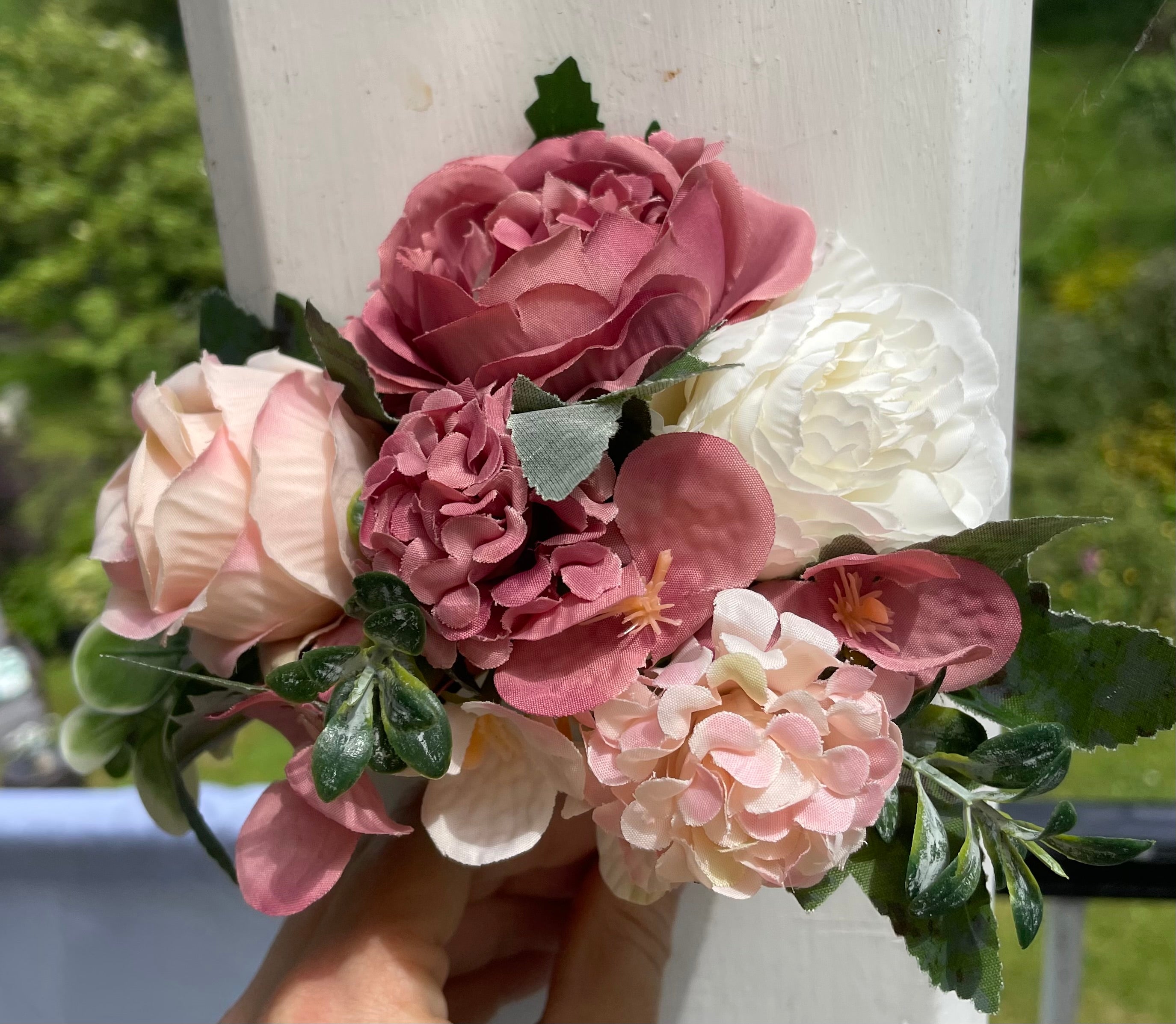 Blush Rose and white artificial pew end