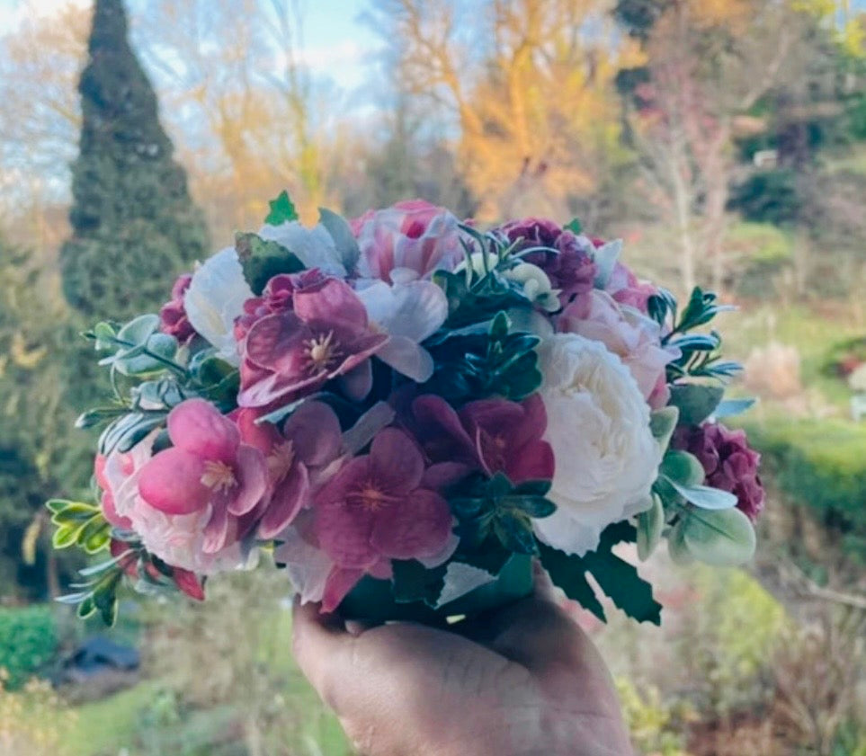Lilac / blush pink and white artificial wedding flowers / aisle floor displays / table display