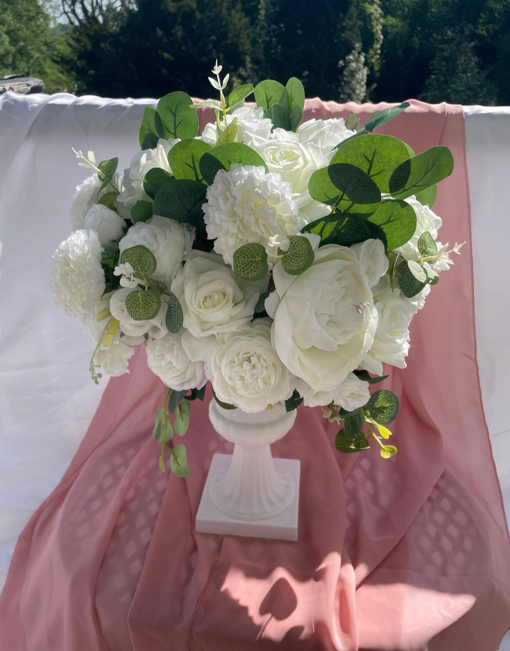 White rose peony artificial flower wedding decor arrangement in white urn style stand