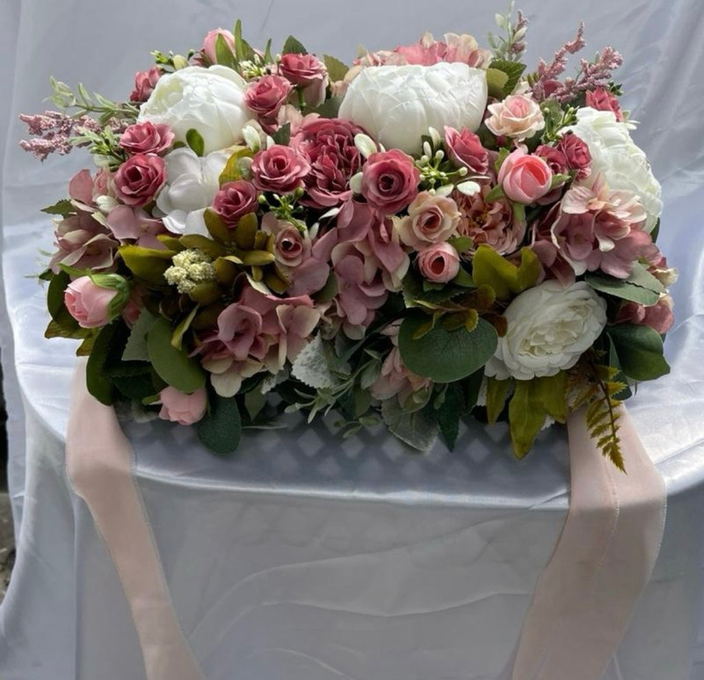 Blush Rose & White artificial flower wedding centrepiece with blush chiffon tails