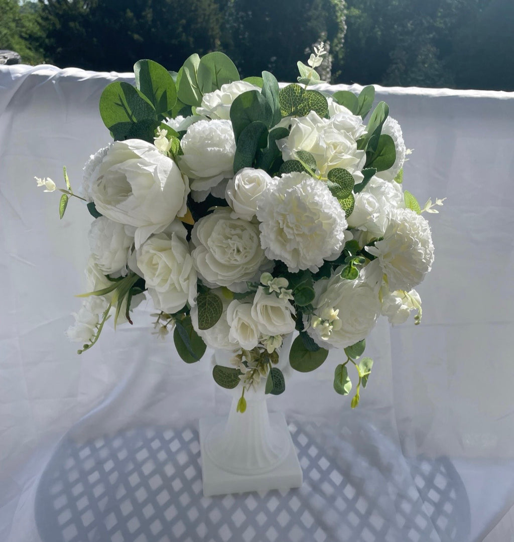 White rose peony artificial flower wedding decor arrangement in white urn style stand