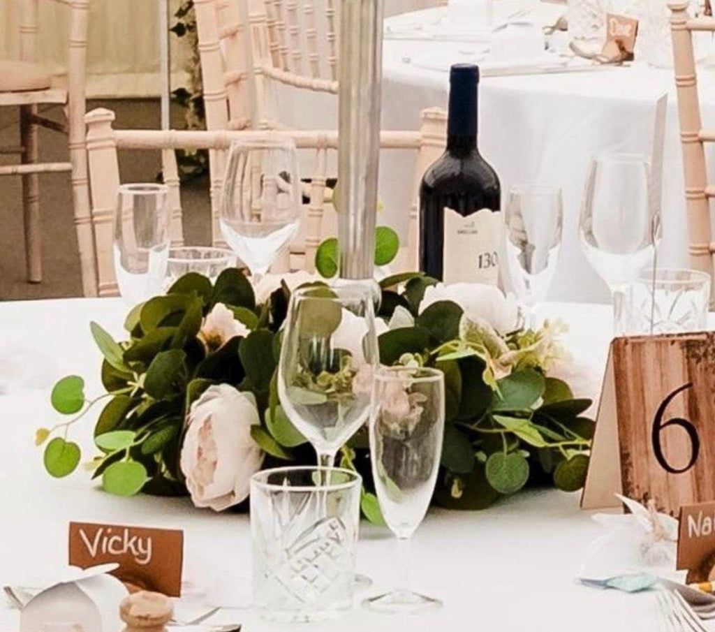 Circular wicker wreath with eucalyptus and peony flowers Artificial Wedding Centrepiece