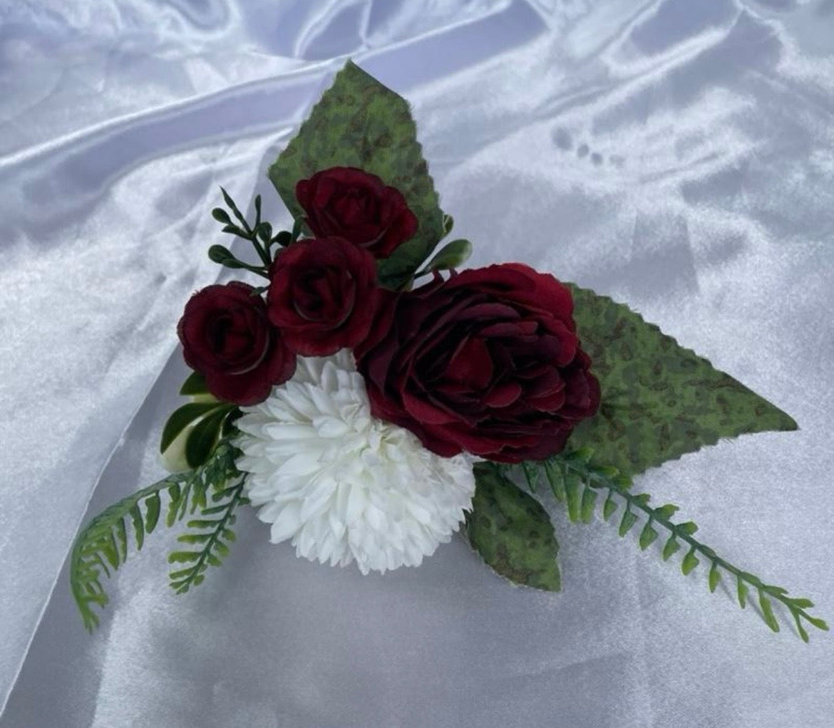 Ruby Red & White artificial wedding pew end / posey