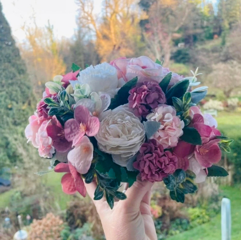Lilac / blush pink and white artificial wedding flowers / aisle floor displays / table display
