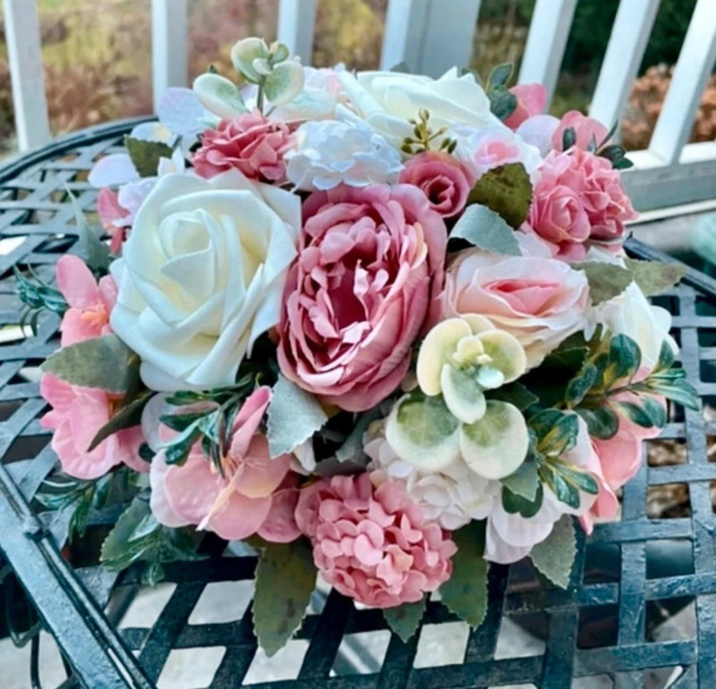 Pastel blush pink & white artificial wedding flowers / aisle floor displays / table display
