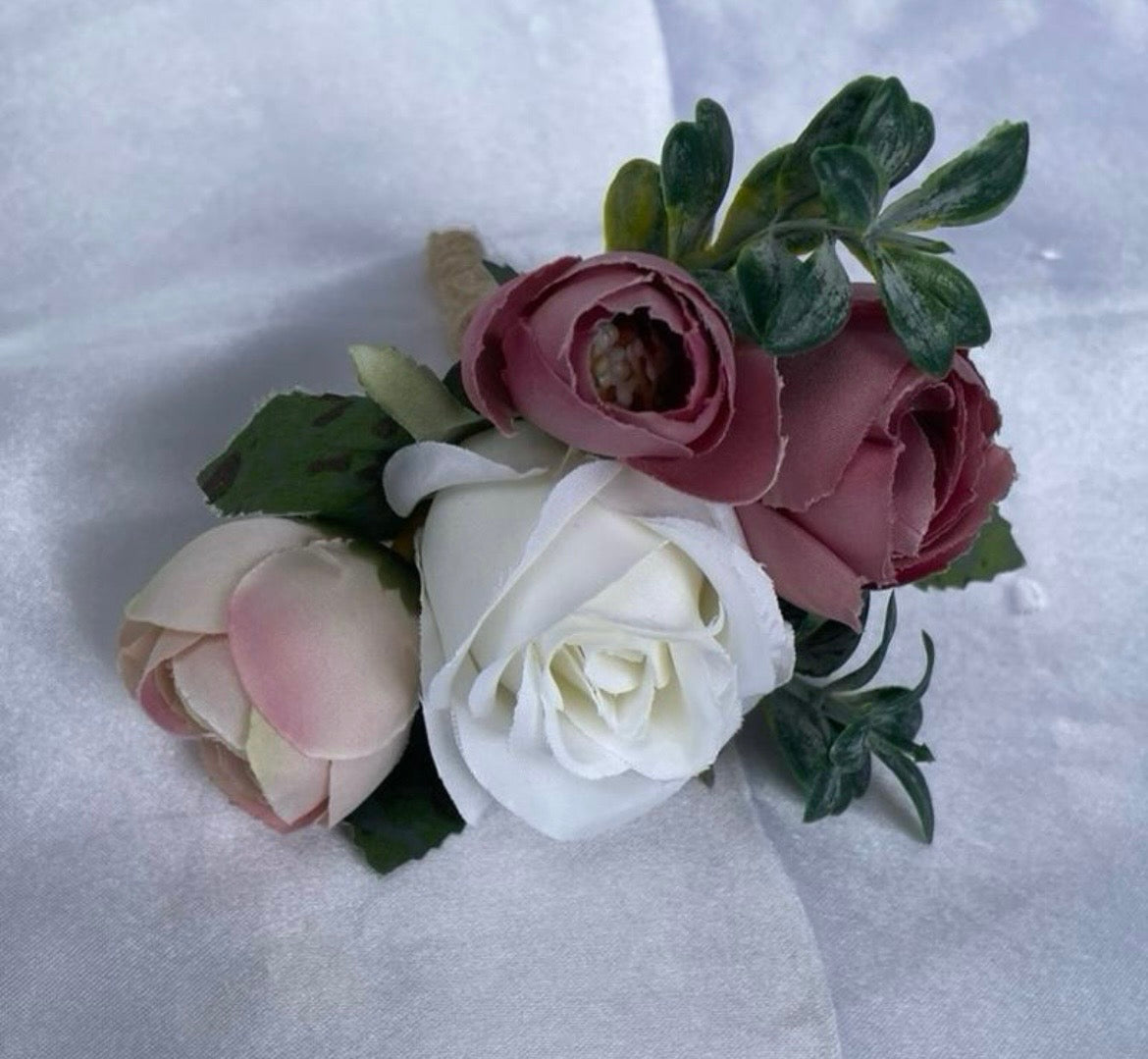 Dusky pink & white artificial wedding buttonhole