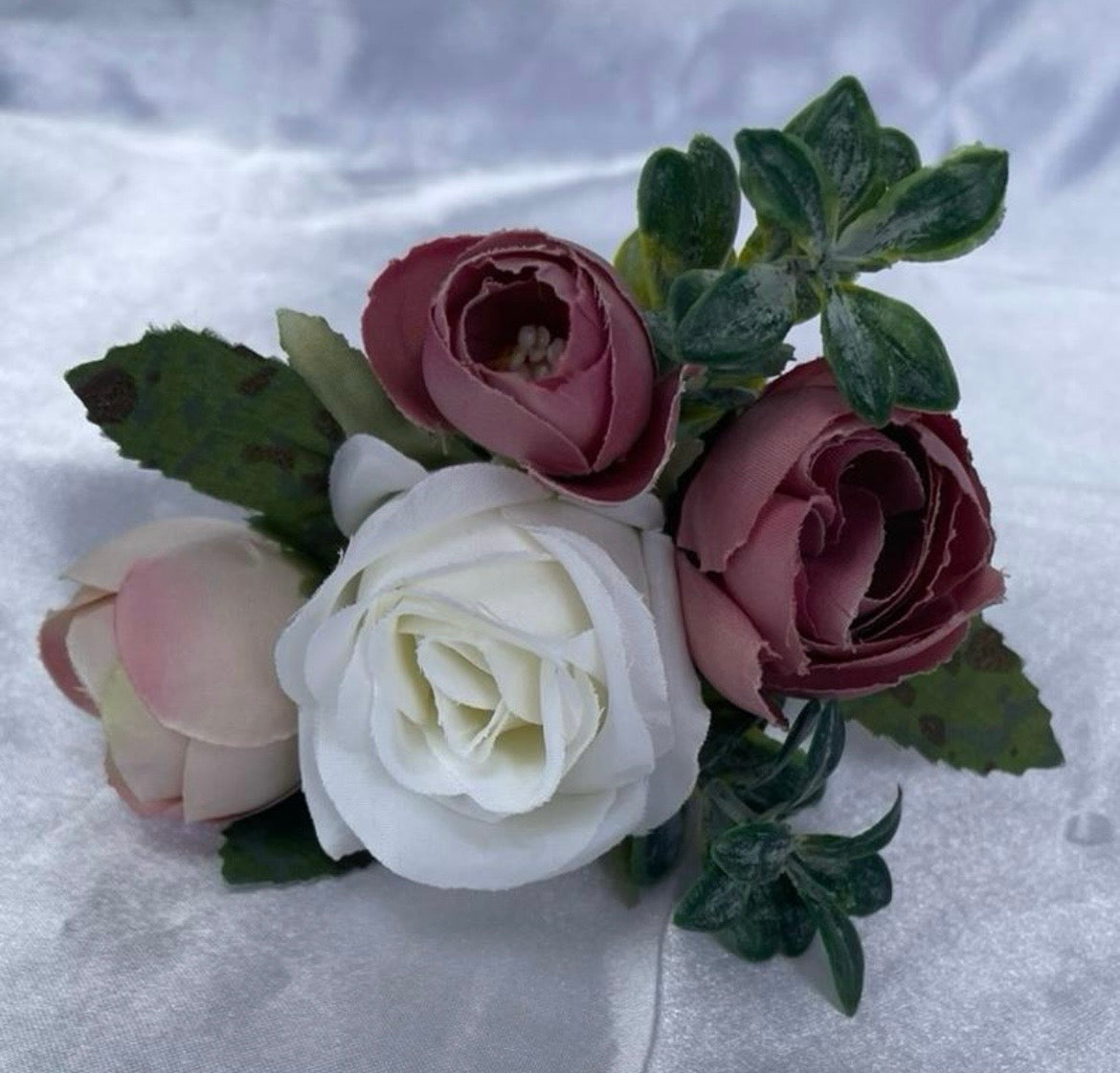 Dusky pink & white artificial wedding buttonhole