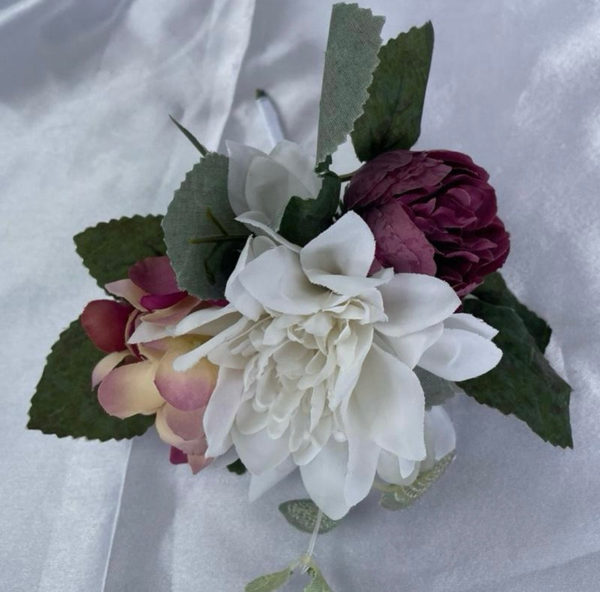 Purple & White Artificial Peony Dahlia and Hydrangea Pew End Posey