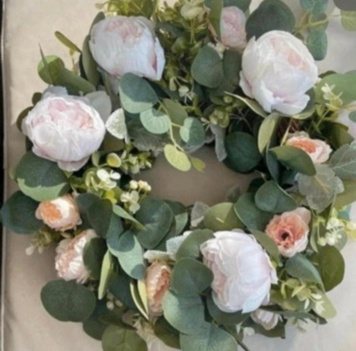 Circular wicker wreath with eucalyptus and peony flowers Artificial Wedding Centrepiece