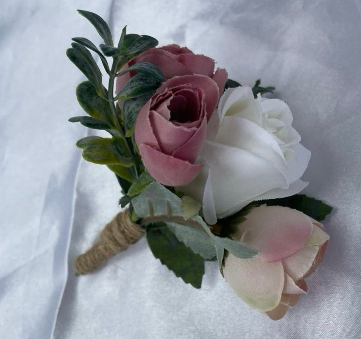 Dusky pink & white artificial wedding buttonhole