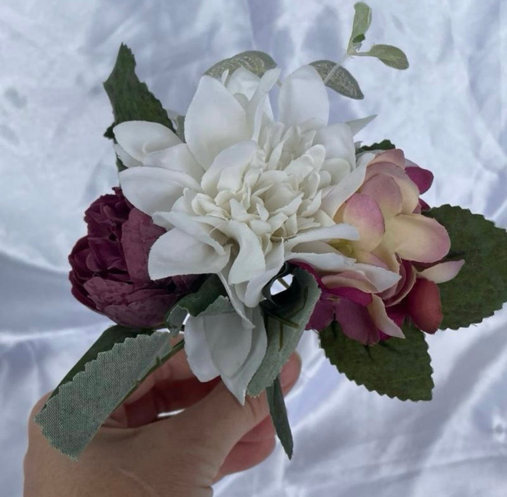 Purple & White Artificial Peony Dahlia and Hydrangea Pew End Posey