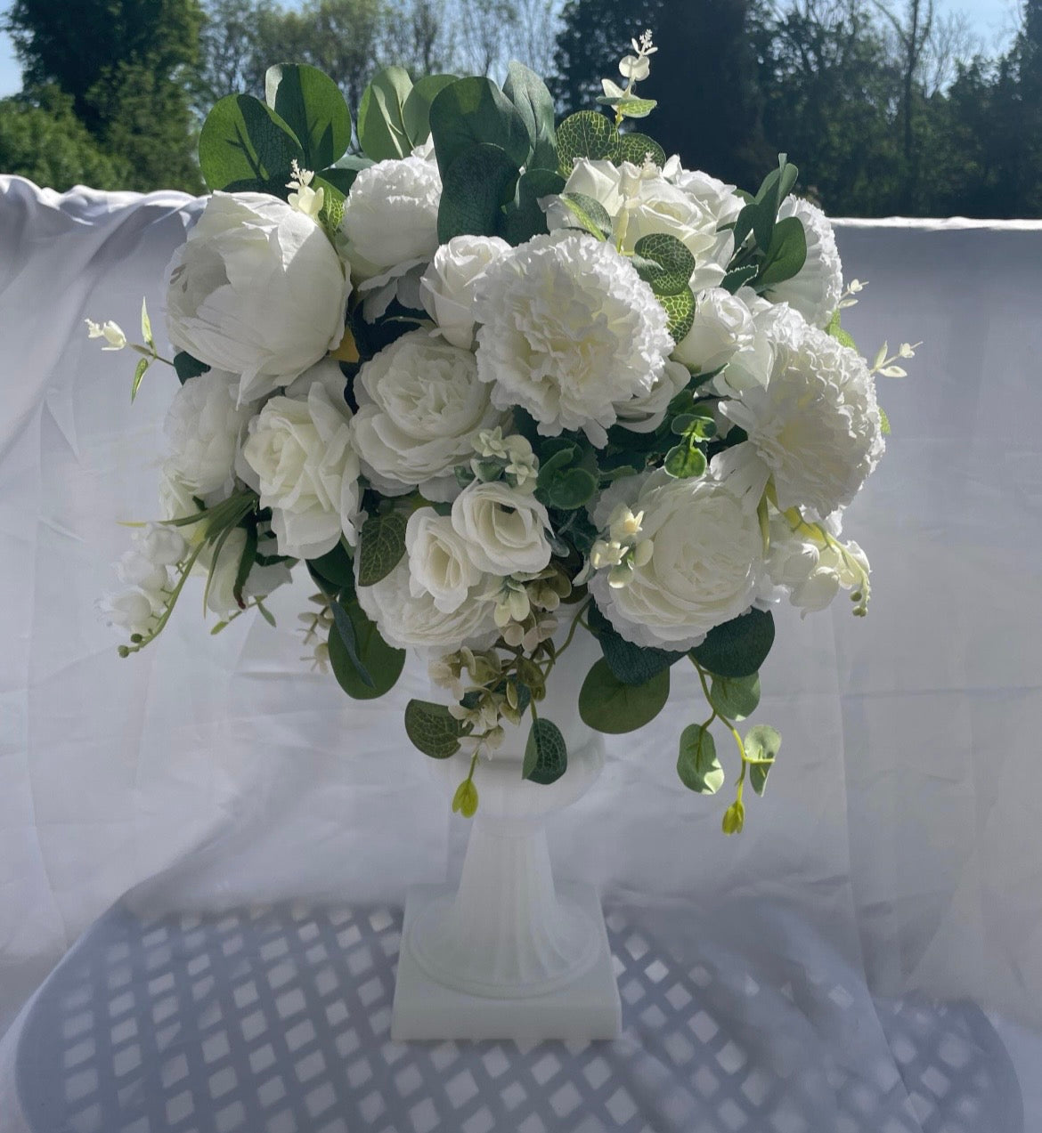 White rose peony artificial flower wedding decor arrangement in white urn style stand